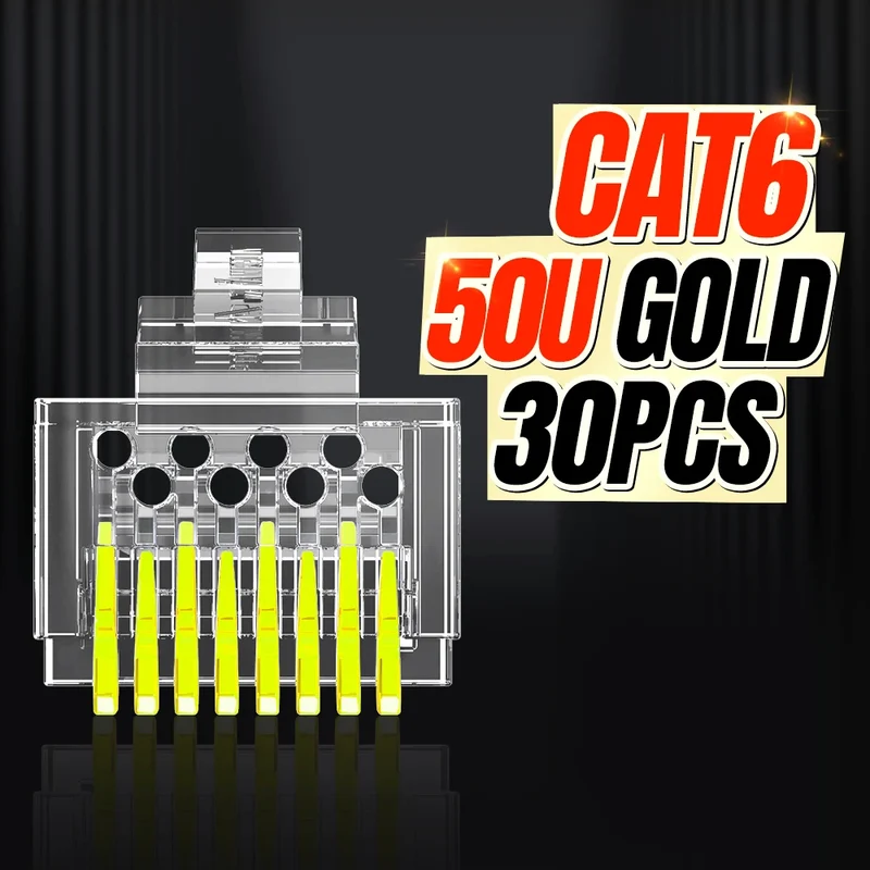AMPCOM RJ45 Connector Pass Through CAT6 CAT5E Modular Plug Network Ends UTP 3U 50u Gold Plated 8P8C Crimp End for Ethernet Cable