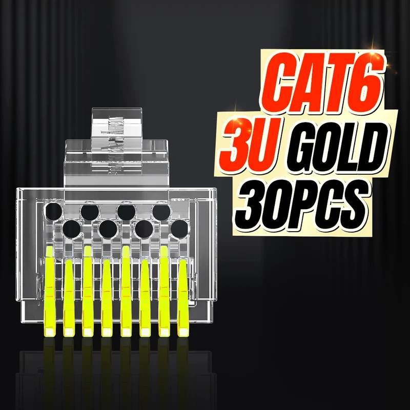 AMPCOM RJ45 Connector Pass Through CAT6 CAT5E Modular Plug Network Ends UTP 3U 50u Gold Plated 8P8C Crimp End for Ethernet Cable
