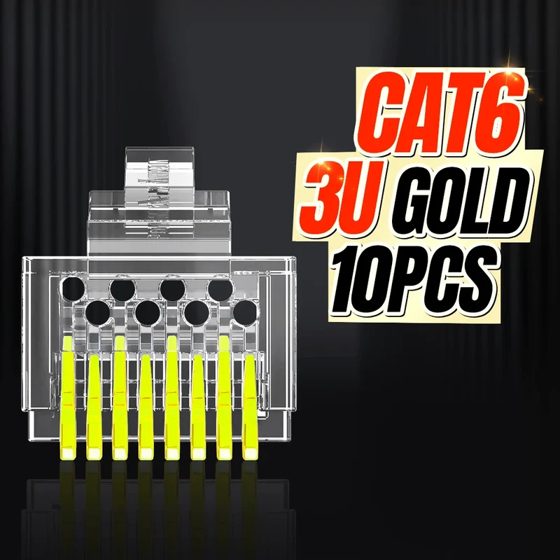 AMPCOM RJ45 Connector Pass Through CAT6 CAT5E Modular Plug Network Ends UTP 3U 50u Gold Plated 8P8C Crimp End for Ethernet Cable
