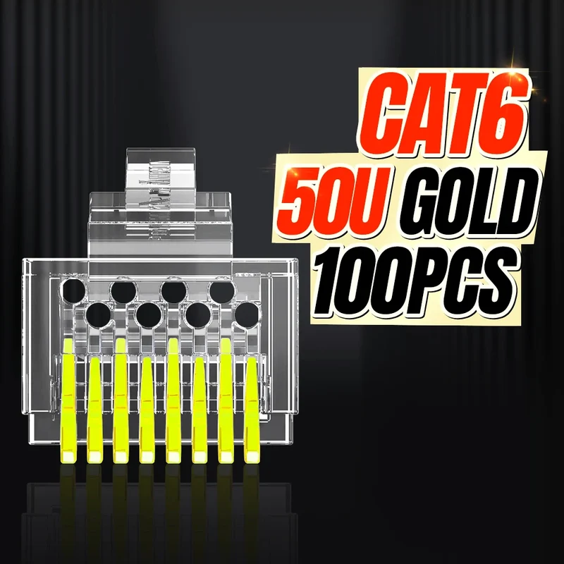 AMPCOM RJ45 Connector Pass Through CAT6 CAT5E Modular Plug Network Ends UTP 3U 50u Gold Plated 8P8C Crimp End for Ethernet Cable