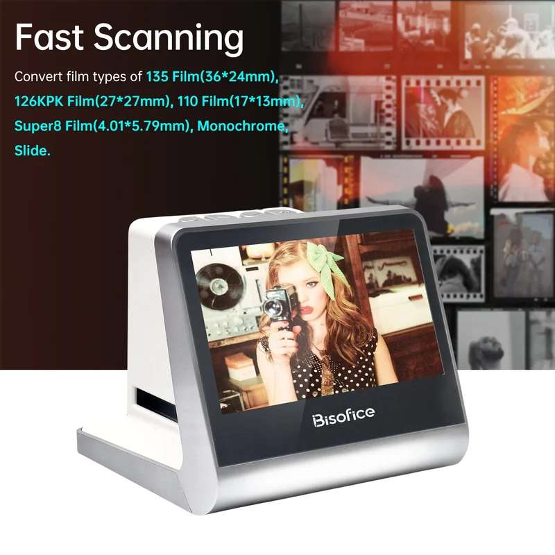 Bisofice Film and Slide Scanner 5'' LCD Screen for 135 Film/126KPK /110 Film/Super8/ Monochrome/Slide to Digital JPEG Photos