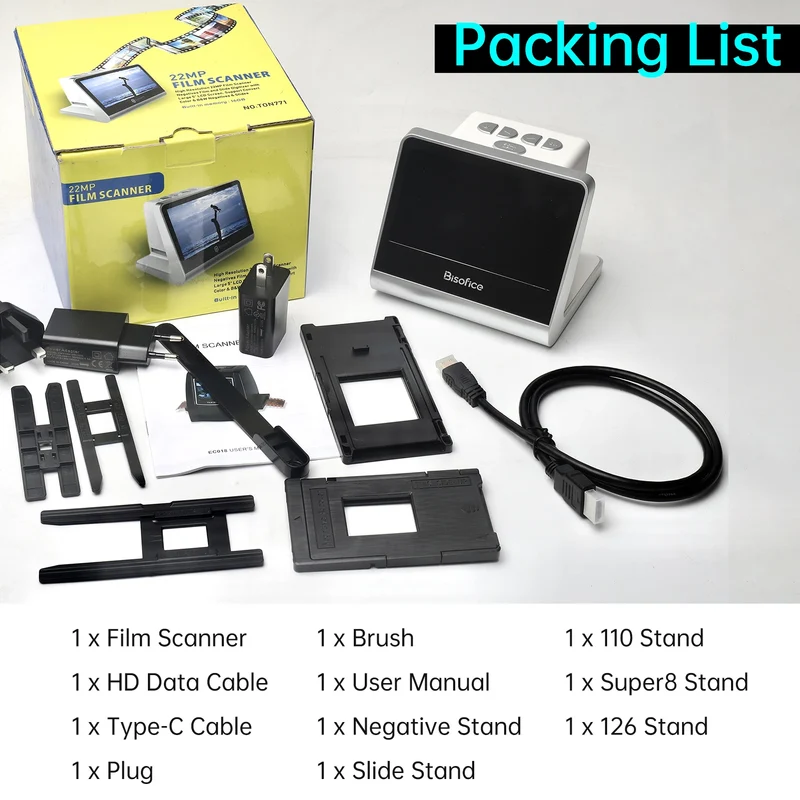 Bisofice Film and Slide Scanner 5'' LCD Screen for 135 Film/126KPK /110 Film/Super8/ Monochrome/Slide to Digital JPEG Photos