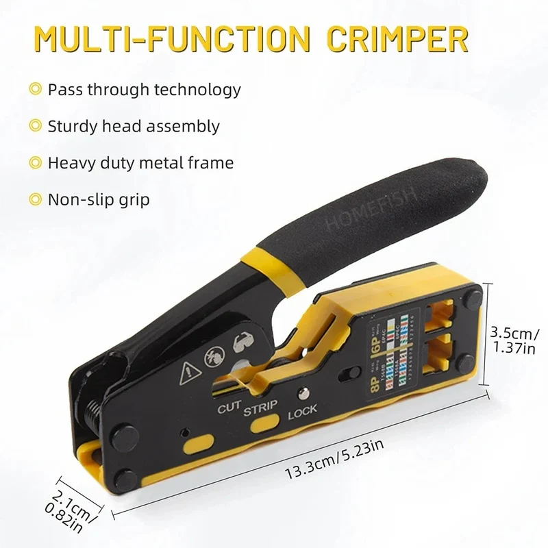 HOMEFISH 6088 Through-Hole Wire Crimper 8P6P Dual-Use Pliers for RJ45 Punch-Down RJ45 Crystal Head