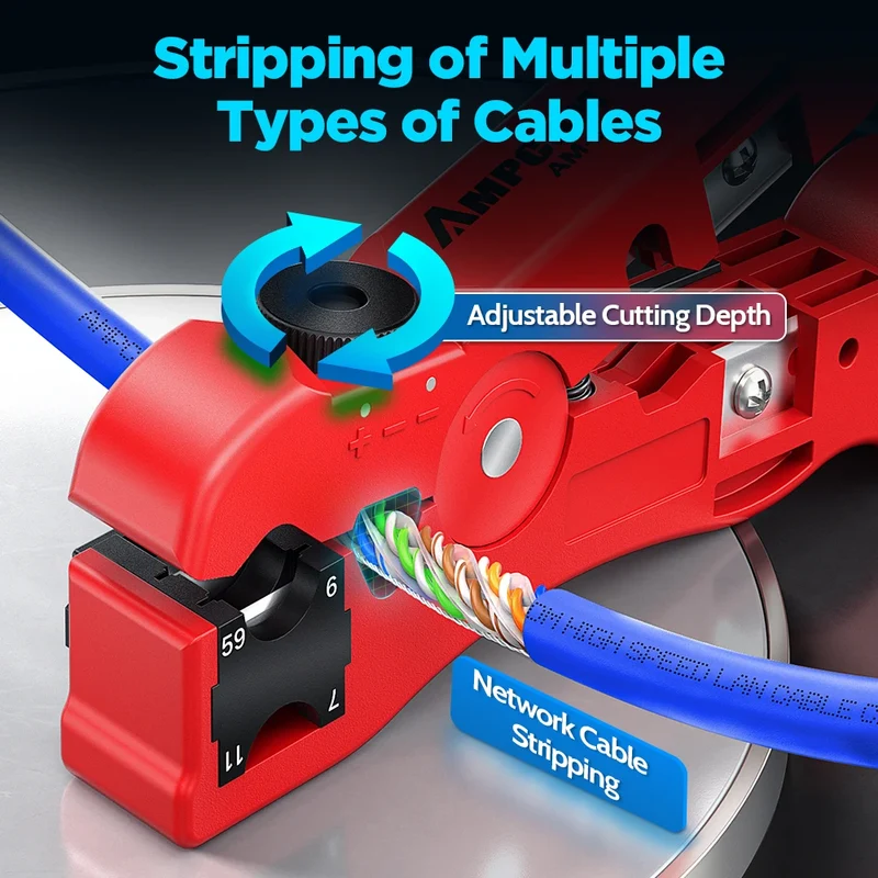 AMPCOM Multi-Function Cable Stripper Tool for Coaxial/Round/Flat Wires, Wire Stripper & Cutter with Compression