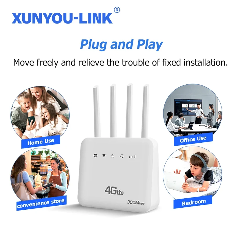 XUNYOU-LINK 4G LTE WiFi Router WiFi 6 300Mbps SIM Modem Wireless WiFi Modem Support 32 Device WIFI Router for Asia Africa Europe
