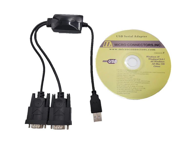 Micro Connectors, Inc. Plug and Play USB to Dual Serial DB9 Adapter Windows 10 / Win 8/ 7/ XP/ Vista / Mac (E07162)