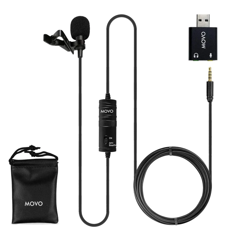 Movo LV1USB Lavalier Microphone for Computer, Lapel Microphone for iPhone and Android Smartphones, Lav Mic, Clip on Microphone
