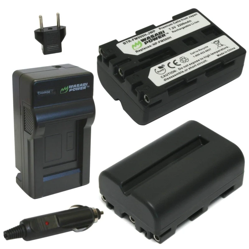 Wasabi Power Battery (2Pack) and Charger for Sony NPFM500H and Sony CLMV55, Alpha DSLR SLTA57, A58, A65, A65V, A77, A77V, A7