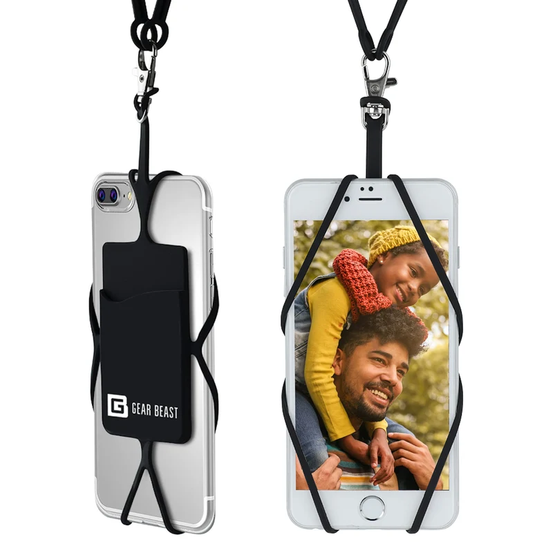 Gear Beast Cell Phone Lanyard Universal Neck Phone Holder w/Card Pocket and Silicone Neck Strap (Black)