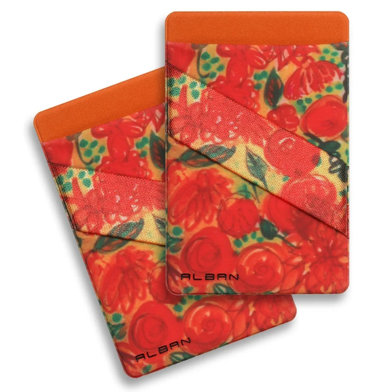 Alban Credit Card Holder Stick on Cell Phone Wallet RFID Blocking with Finger Strap 2 Pack (Orange Floral)