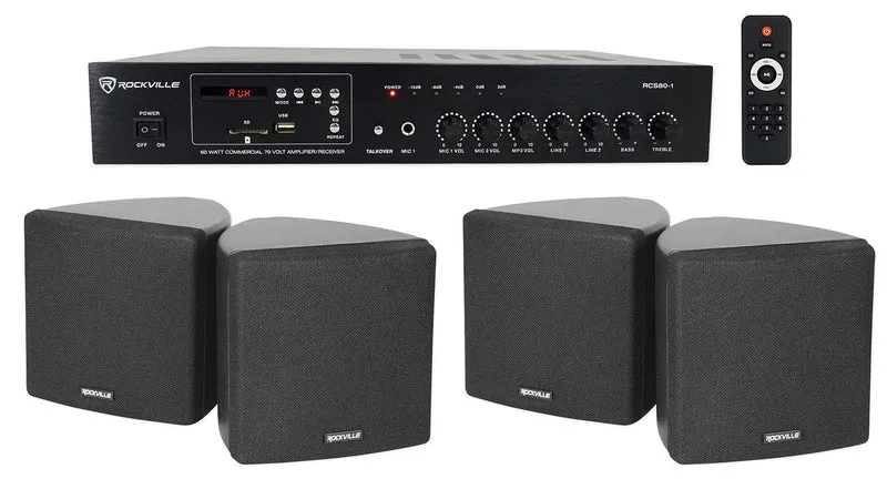 Rockville Commercial Restaurant Bluetooth Amplifier+(4) 3.5 Black Cube Speakers