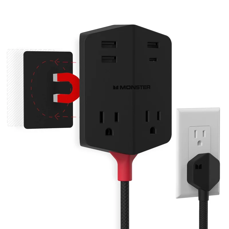 Monster Power Shield: Magnetic Wall Outlet Extender, Multiple Plug Outlet with 2 AC Outlets, 3 USBA Ports, & 1 USBC Port (20W)