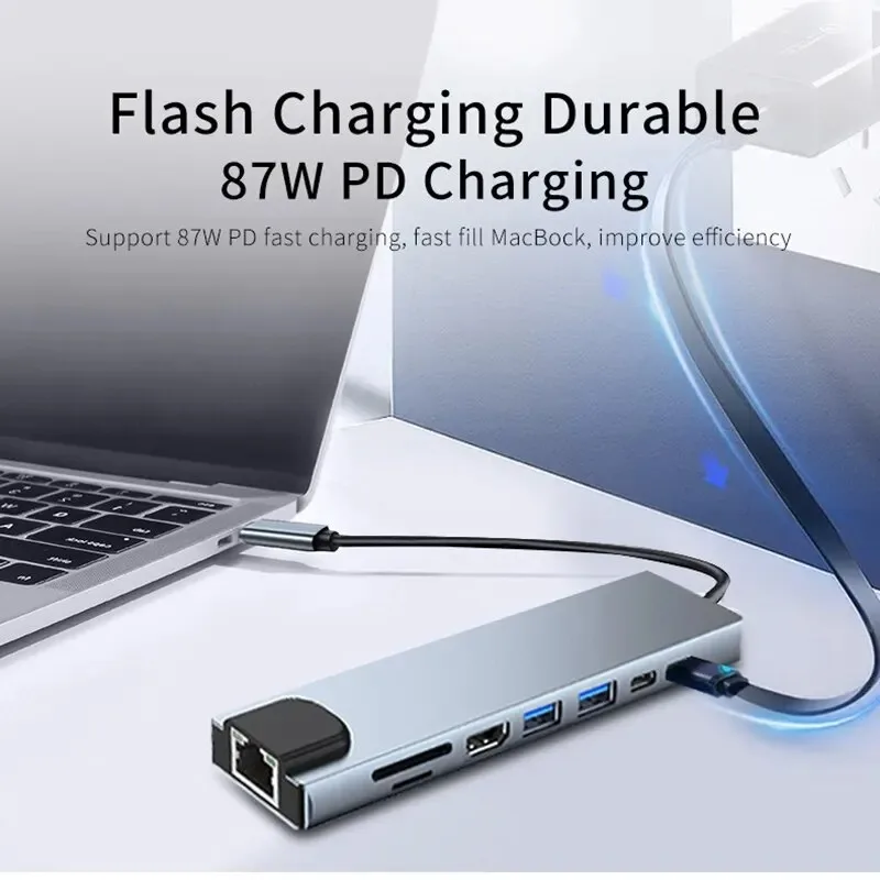 USB C Hub 8In1 7in2 7in1 Type C 3.1 To 4K HDMI Adapter with RJ45 SD/TF Card Reader PD Fast Charge for MacBook Notebook Laptop