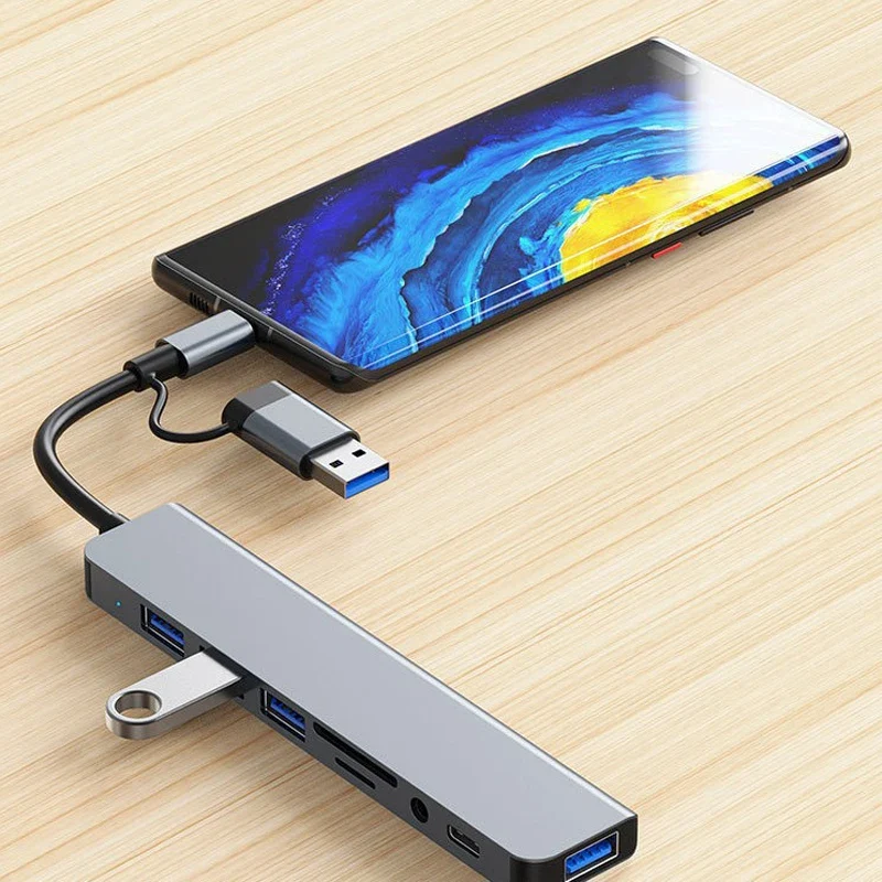 8 in 2 USB +Type C HUB Docking Station with 3.5mm Audio Jack Adapter for Micro SD Card Reader Laptop Tablet Phone Disk Converter