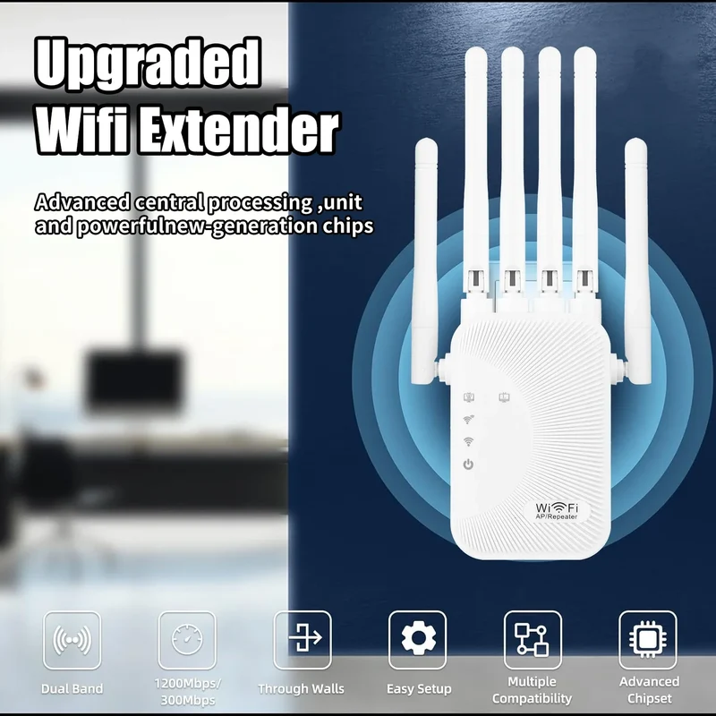 Upgraded Wifi Extender 6 Antennas Dual Band 1200Mbps Through Wall Easy Setup For Home Office Bedroom Wireless Signal Booster Use