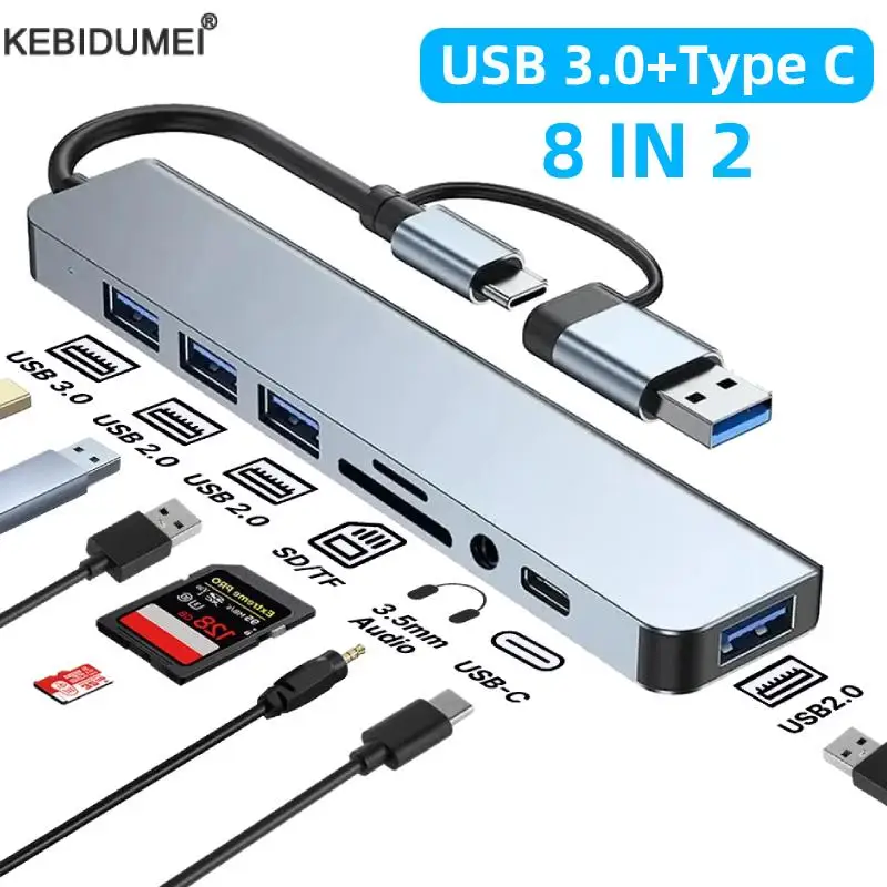USB 3.0 Type C Adapter Docking Ststion USB 2.0 Port TF SD Card Reader Audio Output Multi-hub Splitter for Macbook Pro Computer