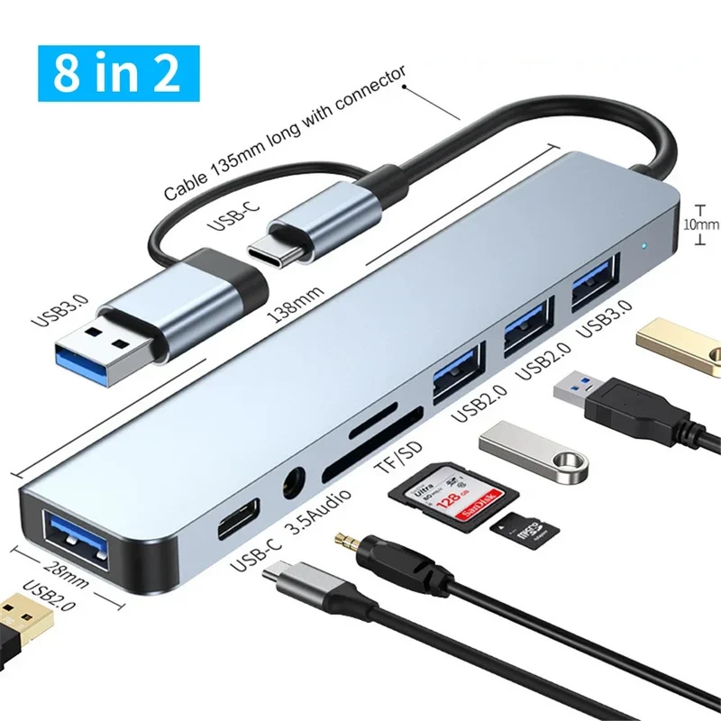 USB 3.0 Type C Adapter Docking Ststion USB 2.0 Port TF SD Card Reader Audio Output Multi-hub Splitter for Macbook Pro Computer