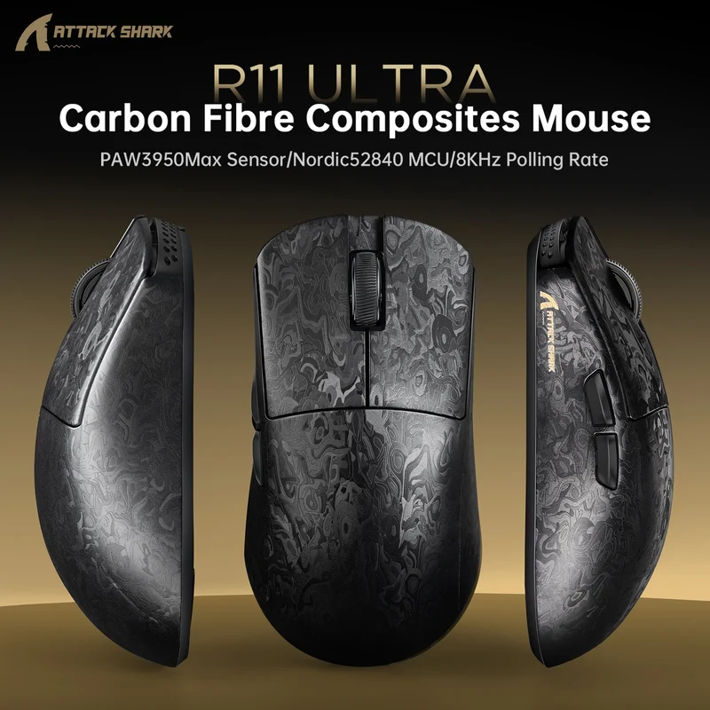ATTACK SHARK R11 ULTRA Carbon Fiber Wireless Gaming Mouse, 8000Hz 49g 42000DPI, PAW3950MAX Nano-Metal Ice Coating BT/2.4G/USB-C
