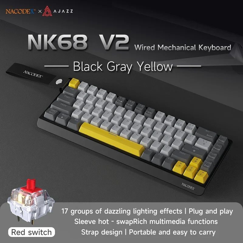 AJAZZ NK68 V2 Wired Mechanical Gaming Keyboard, Red Switch, Full Hot-Swappable, RGB Streamer Light, 68 Keys for Gaming & Office