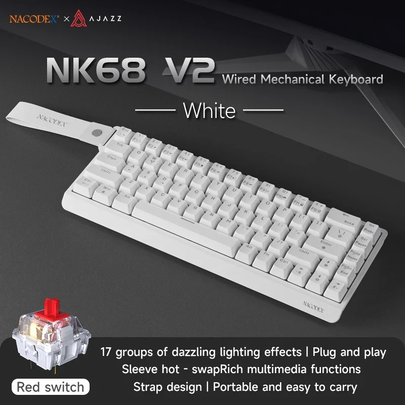 AJAZZ NK68 V2 Wired Mechanical Gaming Keyboard, Red Switch, Full Hot-Swappable, RGB Streamer Light, 68 Keys for Gaming & Office