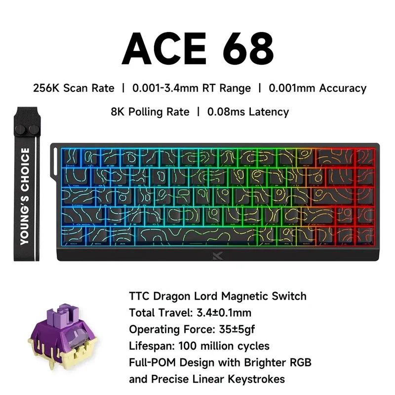 MCHOSE ACE 68 Wired Magnetic Switch Gaming Keyboard Hall Effect Rapid Trigger Programmable RGB 8K Hz DKS/MT/TGL/RS/SOCD Keyboard