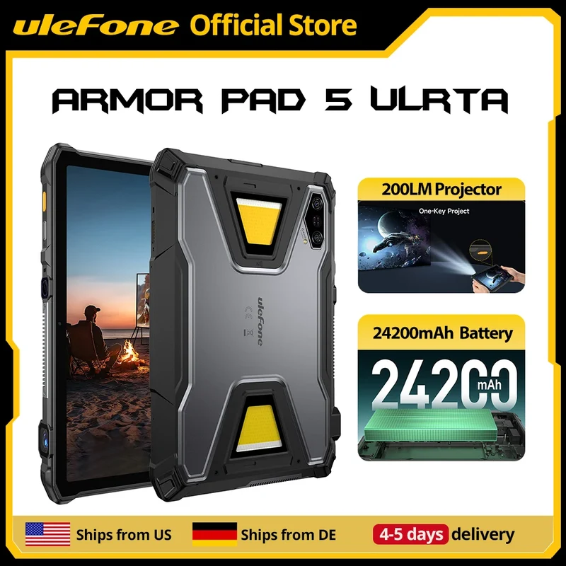 【Ships from US】Ulefone Rugged Tablet Armor Pad 5 Ultra 5G, Portable Projector 200LM ,24200 mAh ,120W Up to 12GB +512GB ,Andro