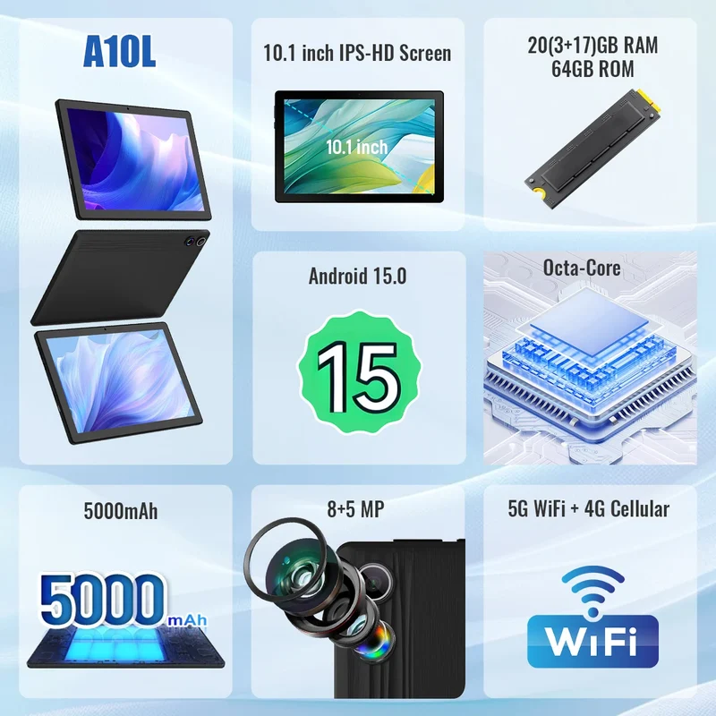 10.1 Inch Android 15 Tablet 8 Core Tablets 20GB+64GB 1TB Expansion WiFi 6 5MP+8MP Stylus Keyboard Mouse Headphone PC PAD Set