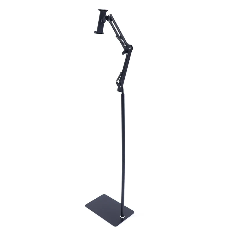 Tablet Floor Stand, 360° Swivel Adjustable Height & Angle, Heavy Duty Carbon Steel, Non-Slip Base, Portable & Foldable, Universal Holder for 12-18cm Phones & Tablets, for Home Office Kitchen Gym Bedroom, Easy Assembly