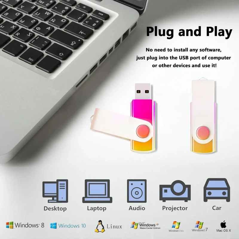 5 Pack USB Flash Drives Gradient Color USB 2.0 Memory Stick Wholesale Bulk Swivel Design Thumb Drive for Data Storage