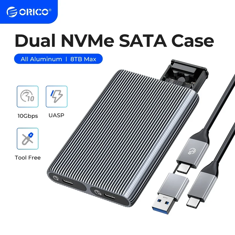 ORICO Dual Bay Aluminum M2 NVMe SSD Enclosure USB3.1 Gen2 10Gbps For M Key M&B Key NVMe PCIe SSD With Built-in Cooling Vest