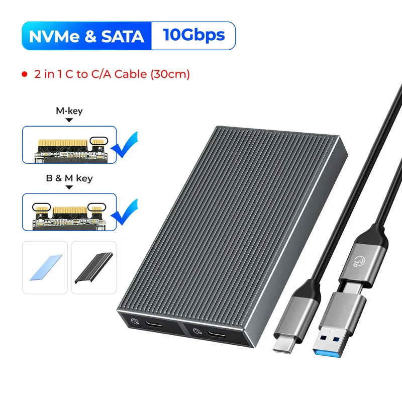 ORICO Dual Bay Aluminum M2 NVMe SSD Enclosure USB3.1 Gen2 10Gbps For M Key M&B Key NVMe PCIe SSD With Built-in Cooling Vest