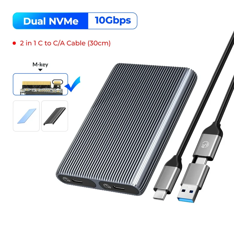 ORICO Dual Bay Aluminum M2 NVMe SSD Enclosure USB3.1 Gen2 10Gbps For M Key M&B Key NVMe PCIe SSD With Built-in Cooling Vest