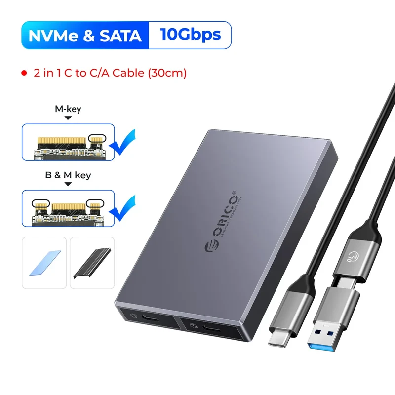 ORICO Dual Bay Aluminum M2 NVMe SSD Enclosure USB3.1 Gen2 10Gbps For M Key M&B Key NVMe PCIe SSD With Built-in Cooling Vest