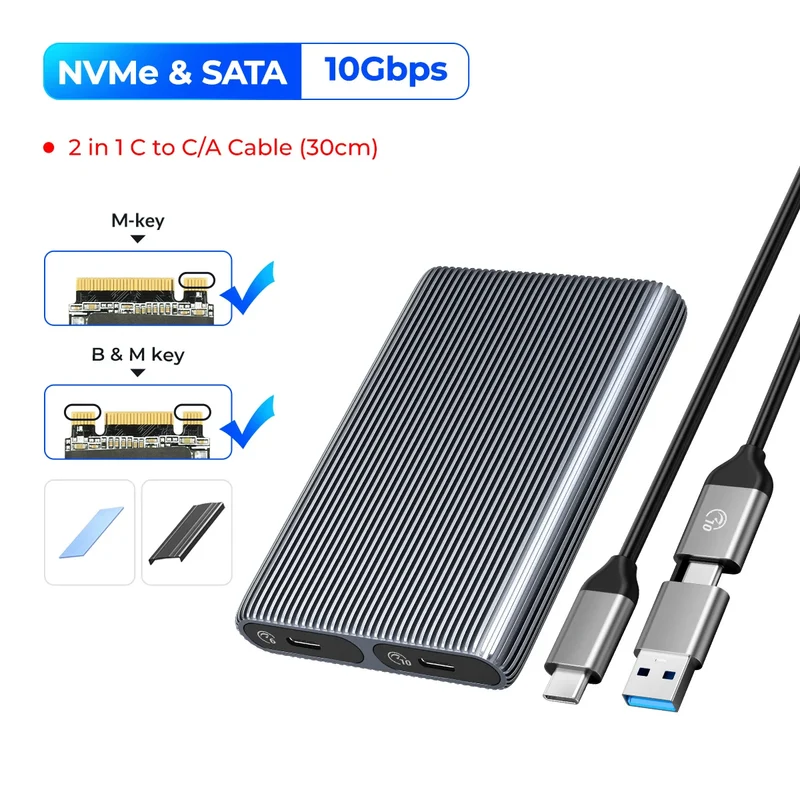 ORICO Dual Bay Aluminum M2 NVMe SSD Enclosure USB3.1 Gen2 10Gbps For M Key M&B Key NVMe PCIe SSD With Built-in Cooling Vest