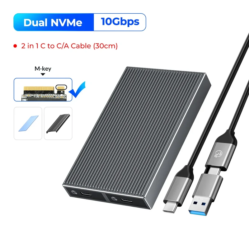 ORICO Dual Bay Aluminum M2 NVMe SSD Enclosure USB3.1 Gen2 10Gbps For M Key M&B Key NVMe PCIe SSD With Built-in Cooling Vest