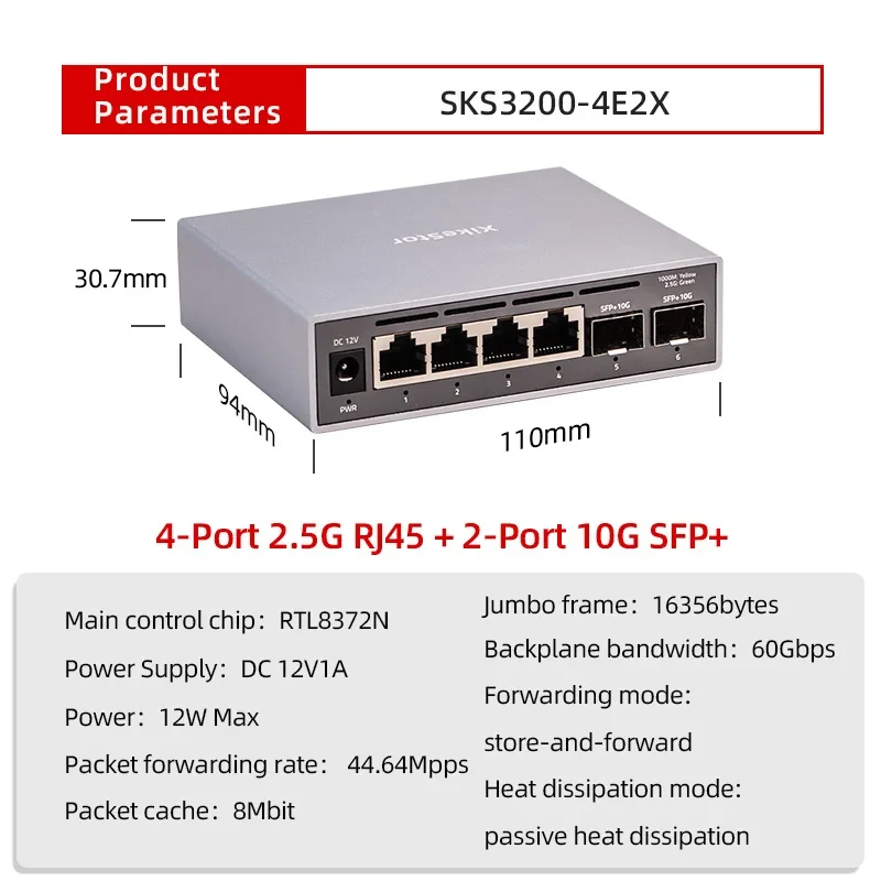 XikeStor 2.5G Simple L2 Managed Switch 4-Port 2.5G RJ45 2-Port 10G SFP+ Ethernet Switch VLAN & Port Aggregation One-click Rest