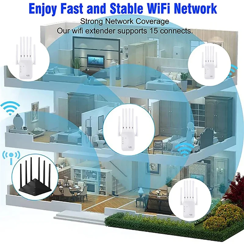 Kebidumei 1200/300Mbps Wifi Repeater Amplifier 2.4G 5G Network Expander Range Extender WiFi Signal Booster Wireless Wi-Fi Router
