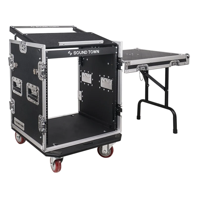 Sound Town Enhanced 1/2 (12mm) Plywood 12U PA DJ Rack/Road Case with 11U Slant Mixer Top, 20 Rackable Depth, DJ Work Table and