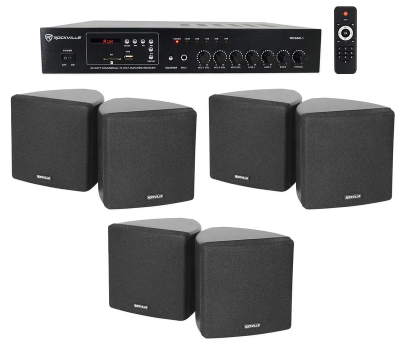 Rockville Commercial Restaurant Bluetooth Amplifier+(6) 3.5 Black Cube Speakers
