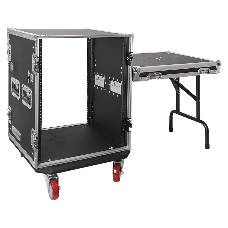 Sound Town 14U PA/DJ Rack/Road Case, 14Space, with 21 Rackable Depth, DJ Work Table, Casters, Plywood, Metal Ball Corners (STR