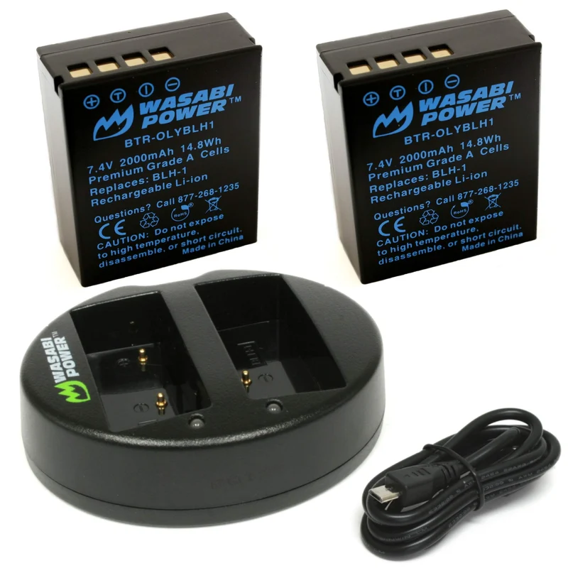 Wasabi Power Battery (2Pack) and Dual Charger for Olympus BLH1 (Fully Decoded) and Olympus OMD EM1 Mark II, OMD EM1 Mark I