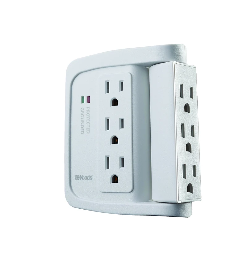 Woods 41423 SpaceSaving Power Adapter Surge Protector with 6 Outlets in Which 90 for 1440J of Protection, White