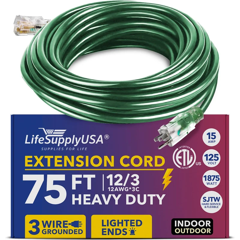 75ft Power Outdoor Extension Cord & Indoor Waterproof Electric Drop Cord Cable 3 Prong, 3Outlet, SJTW, 12 Gauge, 15 AMP, 12