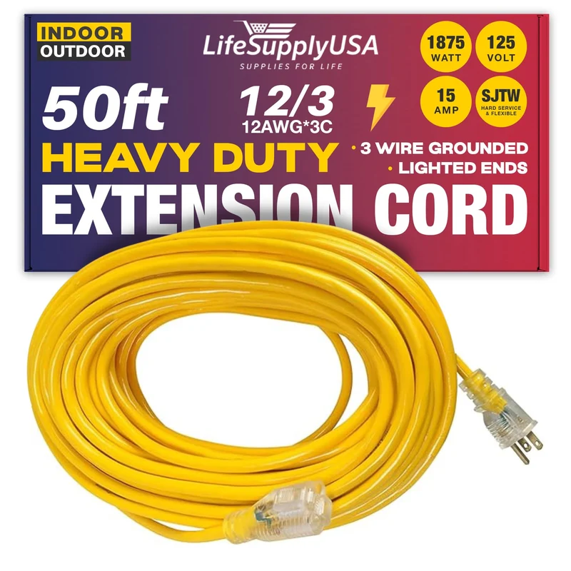 50ft Power Outdoor Extension Cord & Indoor Waterproof Electric Drop Cord Cable 3 Prong SJTW, 12 Gauge, 15 AMP, 125 Volts, 18