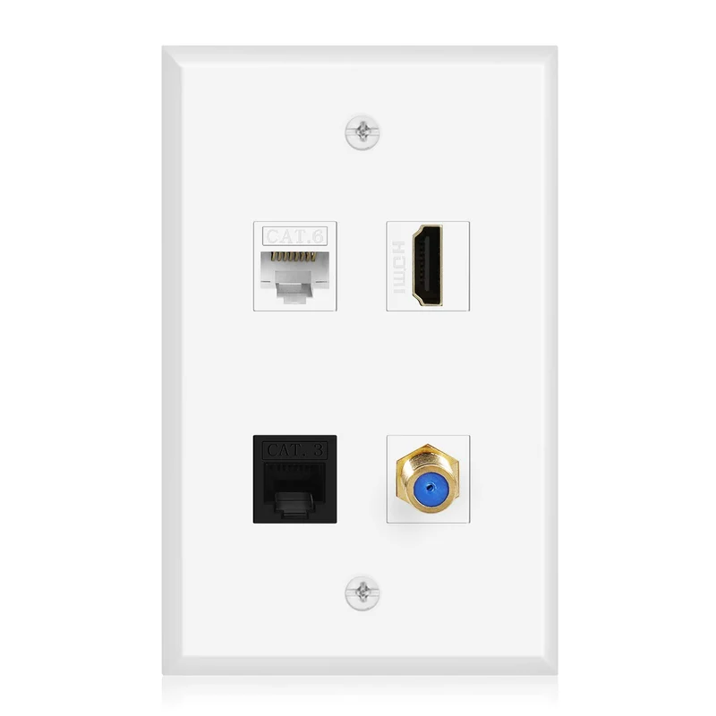 TNP Ethernet Coax HDMI Phone Wall Plate Cat 6 RJ45 Port + TV Coax/Coaxial F Type Connector + HDMI + Phone RJ11/RJ12 Cat 3 Keys