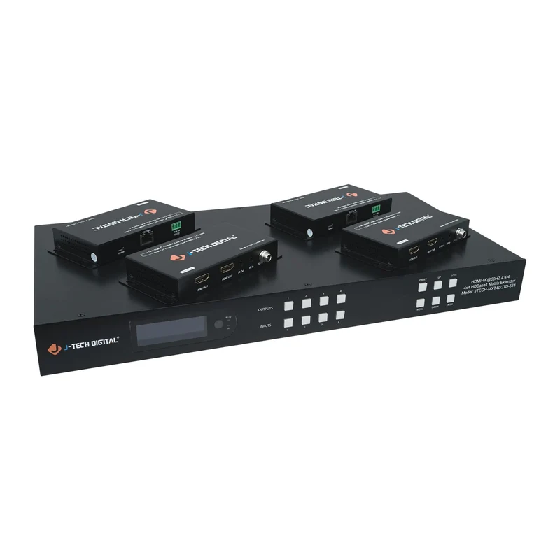 JTech Digital HDBaseT 4x4 Matrix Extender Switcher Supports HDMI2.0 HDCP2.2 4K60Hz 4:4:4 HDR Dolby Vison with 4 PoC Receivers,
