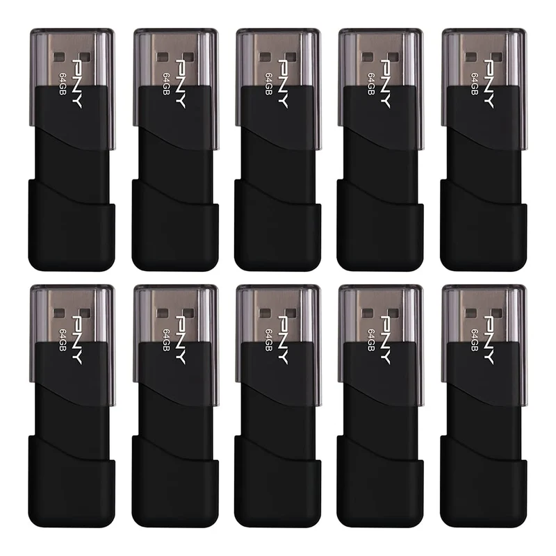 PNY 64GB Attach 3 USB 2.0 Flash Drive, 10Pack, Black
