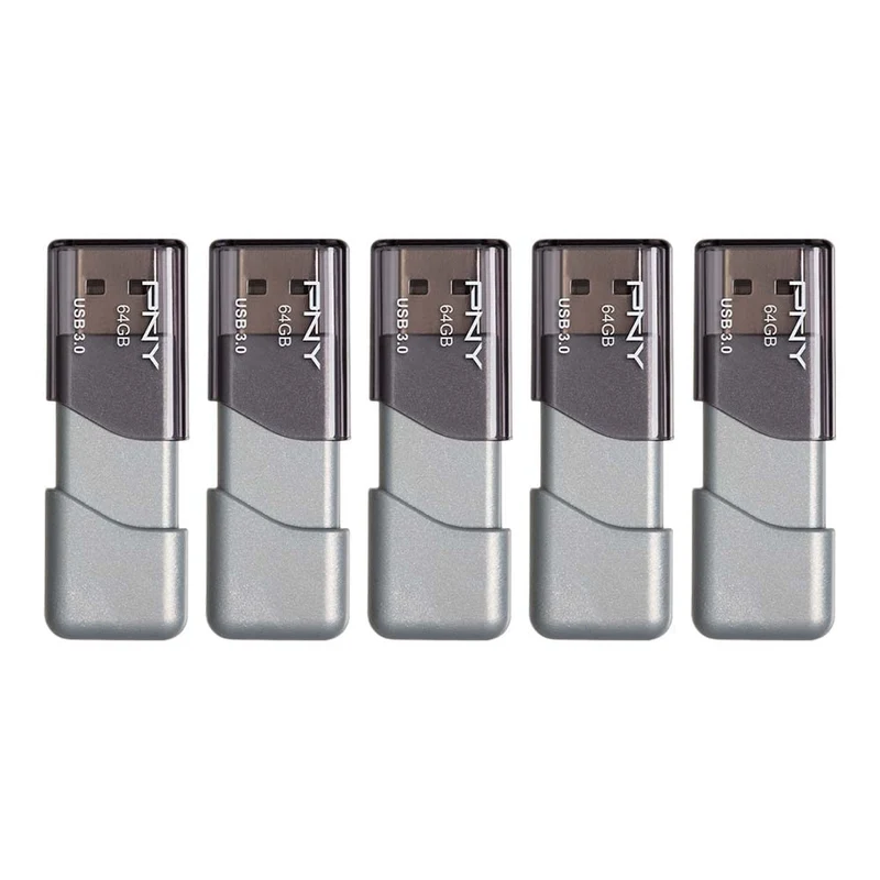 PNY 64GB Turbo Attach 3 USB 3.0 Flash Drive 5Pack, Silver