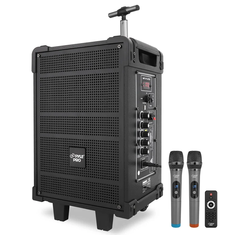 Pyle 8 Portable Wireless Bluetooth Speaker System Builtin Rechargeable Battery, Wireless Microphone, USB/Micro SD/FM 350