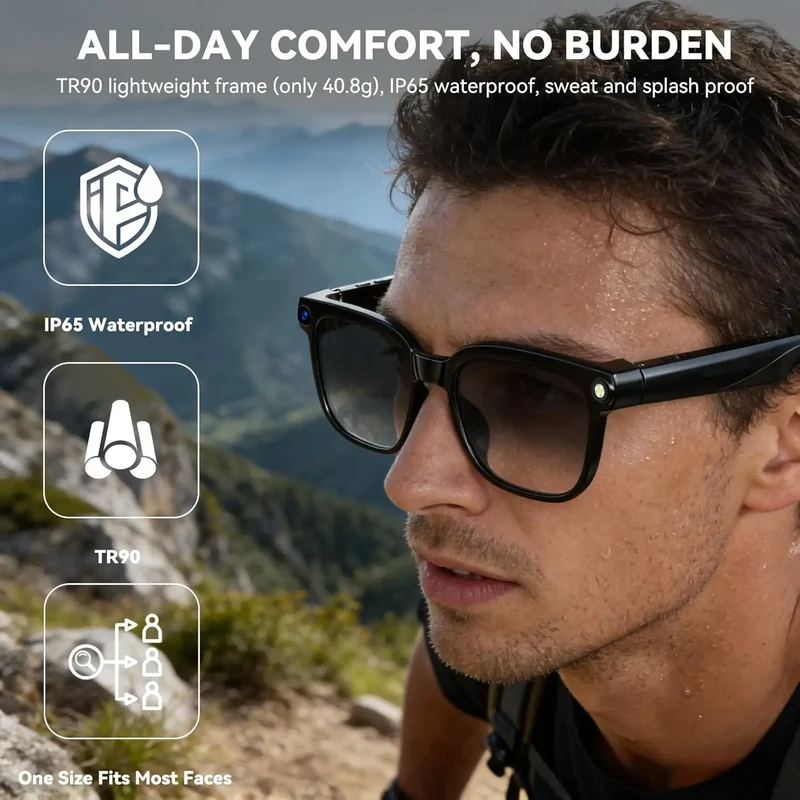 AI smart glasses with cameras, 8-megapixel camera glasses, 1080P stabilized video recording glasses, real-time translation, AI voice assistant, object recognition, men's and women's Bluetooth sunglasses (color-changing), life